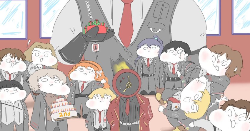 1other black_pants cake chibi clock clothed_robot coat collared_shirt dante_(limbus_company) don_quixote_(project_moon) faust_(project_moon) flaming_head food giant gregor_(project_moon) heathcliff_(project_moon) height_difference hen_na hen_na hong_lu_(project_moon) lapels limbus_company mephistopheles_(project_moon) meursault_(project_moon) necktie object_head outis_(project_moon) pants project_moon puffy_cheeks red_coat red_necktie robot rodion_(project_moon) ryoshu_(project_moon) shirt sinclair_(project_moon) size_difference yi_sang_(project_moon)