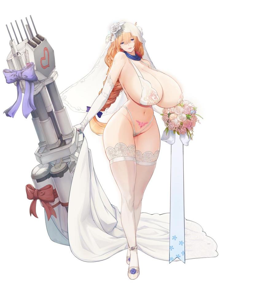 1girl blue_eyes bouquet bow bra braid breasts bridal_gauntlets bridal_veil cleavage curvy des_moines_(warship_girls_r) flower french_braid full_body heart highres huge_breasts lace lace-trimmed_legwear lace_trim light_brown_hair long_hair looking_at_viewer navel neck_ribbon orange_hair pink_flower pink_rose pubic_tattoo ribbon rose see-through_clothes sideboob simple_background solo standing strap_gap tattoo thick_thighs thighhighs thighs thong underwear veil warship_girls_r weapon bridal_lingerie white_background white_thighhighs wide_hips xiao_shei..