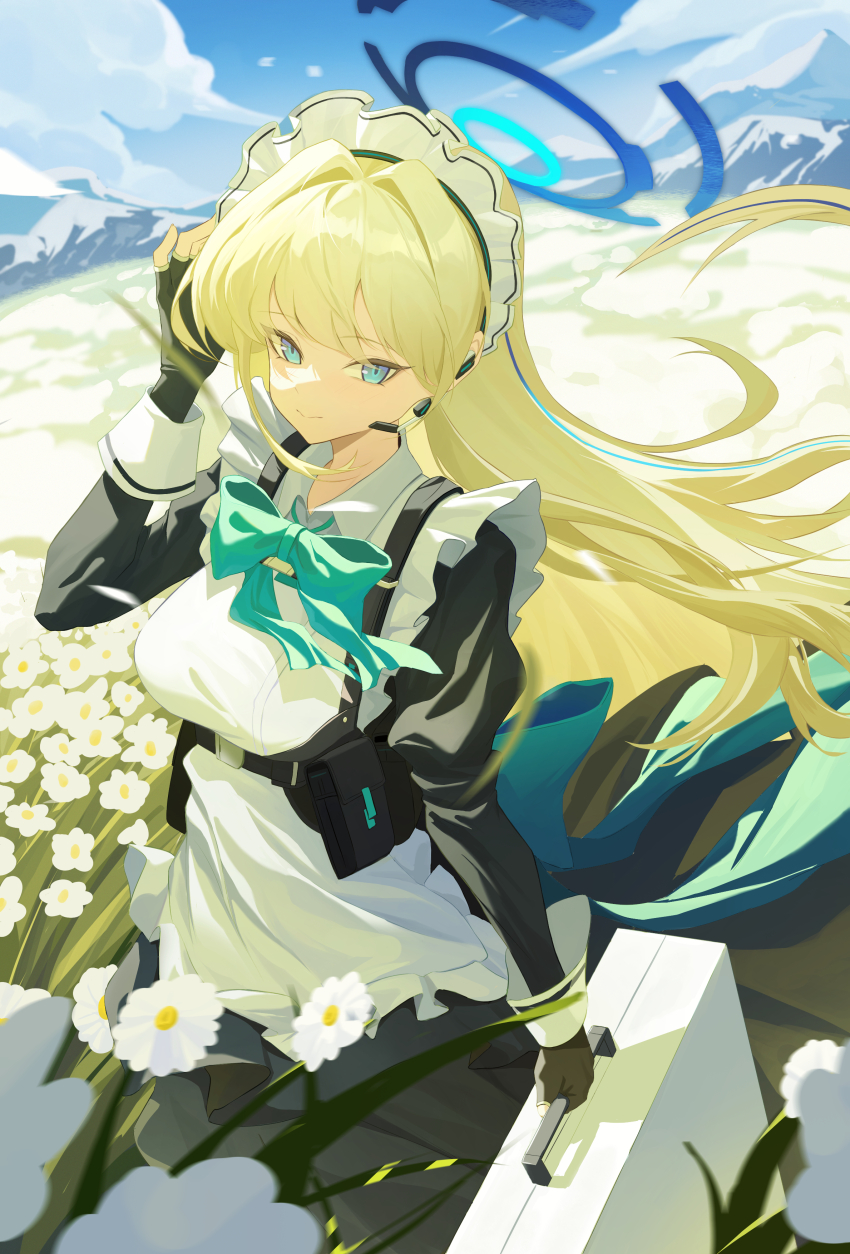 1girl absurdres apron black_dress black_gloves blonde_hair blue_archive blue_eyes closed_mouth dress field fingerless_gloves flower flower_field gloves highres holding holding_suitcase long_hair maid maid_apron maid_headdress smile solo suitcase szai toki_(blue_archive) white_apron