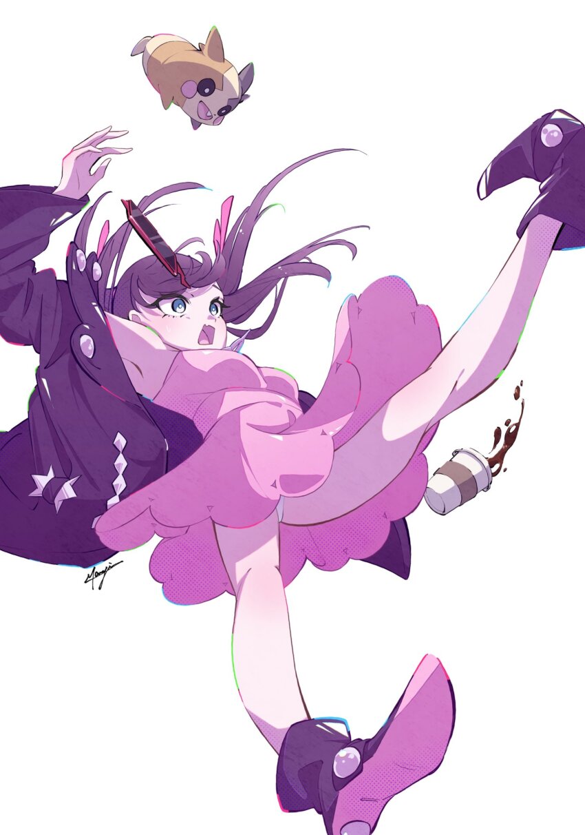 1girl asymmetrical_bangs black_choker black_hair black_jacket breasts choker coffee dress earrings falling gen_4_pokemon gen_8_pokemon green_eyes hair_ribbon highres jacket jewelry long_sleeves marie_(pixiv59672544) marnie_(pokemon) morpeko morpeko_(full) nintendo open_clothes pink_dress pokemon pokemon_(creature) pokemon_swsh red_ribbon ribbon rotom rotom_phone twintails