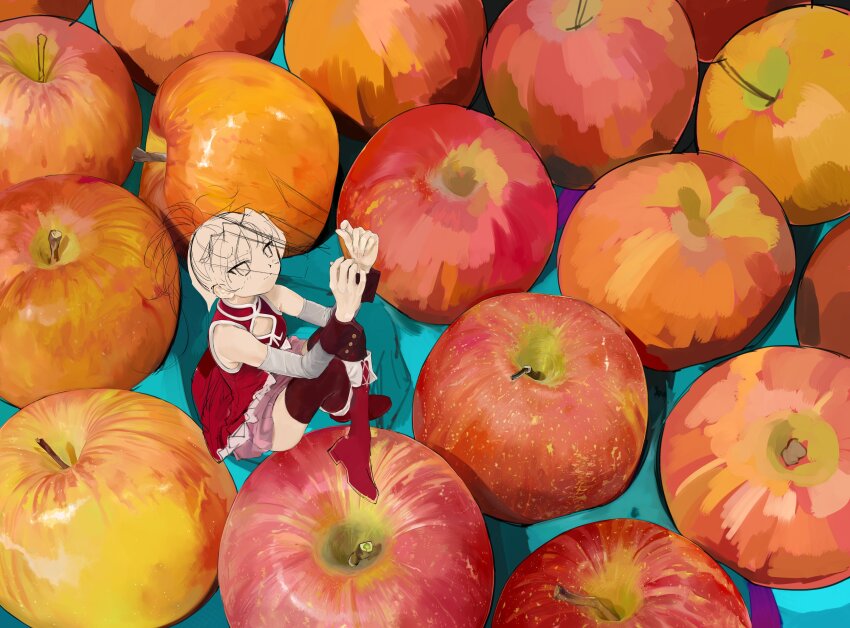 absurdres apple bare_shoulders boots cleavage_cutout clothing_cutout commentary_request detached_sleeves dress food fruit hands_up high_ponytail highres holding knees_up long_hair looking_up mahou_shoujo_madoka_magica mihifu mini_person minigirl parted_bangs ponytail red_boots red_dress red_thighhighs sakura_kyoko sakura_kyoko_(magical_girl) sitting sketch thighhighs unfinished wrist_cuffs