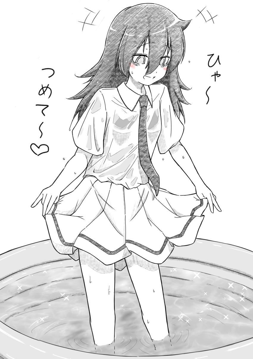 1girl absurdres azuminonomizua bags_under_eyes grin hair_between_eyes highres kuroki_tomoko lineart long_hair monochrome necktie shirt short_sleeves simple_background skirt skirt_hold smile solo translation_request wading_pool watashi_ga_motenai_no_wa_dou_kangaetemo_omaera_ga_warui! water white_background