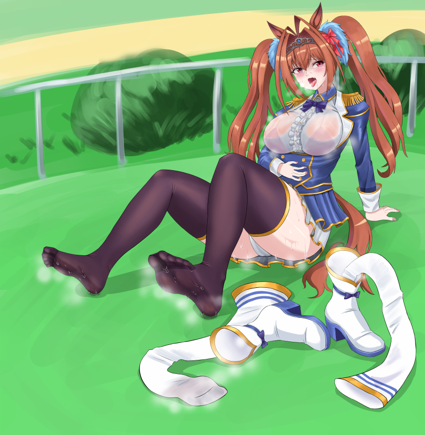 1girl absurdres animal_ears black_thighhighs blue_bow blush boots bow bra_visible_through_clothes breasts center_frills commentary_request daiwa_scarlet_(umamusume) epaulettes feet foot_focus frills grass highres horse_ears horse_girl ladsdjadds large_breasts leg_up long_hair looking_at_viewer no_shoes on_grass on_ground open_mouth outdoors panties pantyshot red_eyes red_hair see-through_clothes shoes short_sleeves simple_background sitting soles solo steaming_body sweat teeth thighhighs tiara toes tongue tongue_out umamusume underwear unworn_boots unworn_shoes unworn_thighhighs very_long_hair very_sweaty wet wet_clothes white_footwear white_panties wince