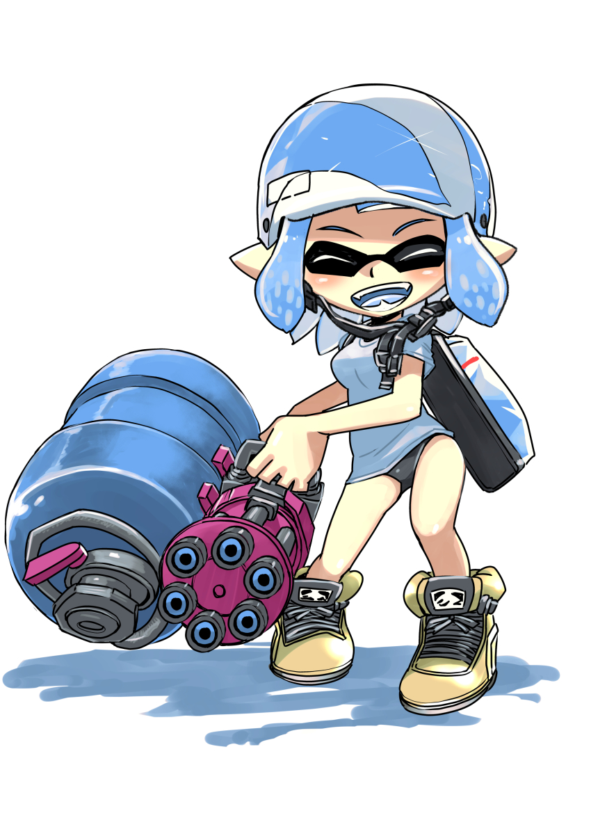 1girl absurdres bicycle_helmet black_buruma blue_hair blue_helmet blush breasts buruma closed_eyes fangs gatling_gun gold_shoes gun heavy_splatling_(splatoon) helmet highres holding holding_gun holding_weapon ink_tank_(splatoon) inkling inkling_girl inkling_player_character looking_at_viewer machine_gun muramasa_mikado nintendo open_mouth pointy_ears shirt shoes short_hair short_sleeves small_breasts smile sneakers splatoon_(series) squid_girl standing teeth tentacle_hair weapon white_background white_shirt