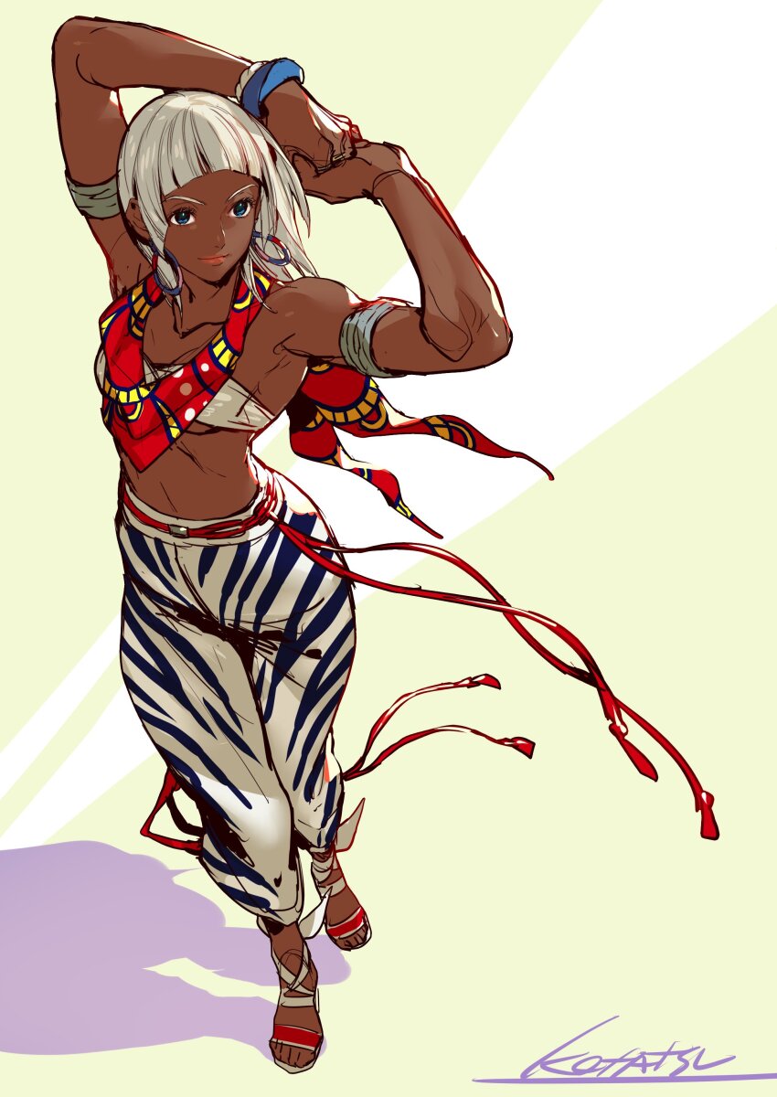 1girl absurdres animal_print arched_bangs armlet bandeau blue_eyes blunt_bangs bracelet breasts dark-skinned_female dark_skin earrings elena_(street_fighter) highres jewelry kotatsu_(g-rough) pants sandals scarf short_hair solo street_fighter street_fighter_6 underboob very_dark_skin white_hair zebra_print