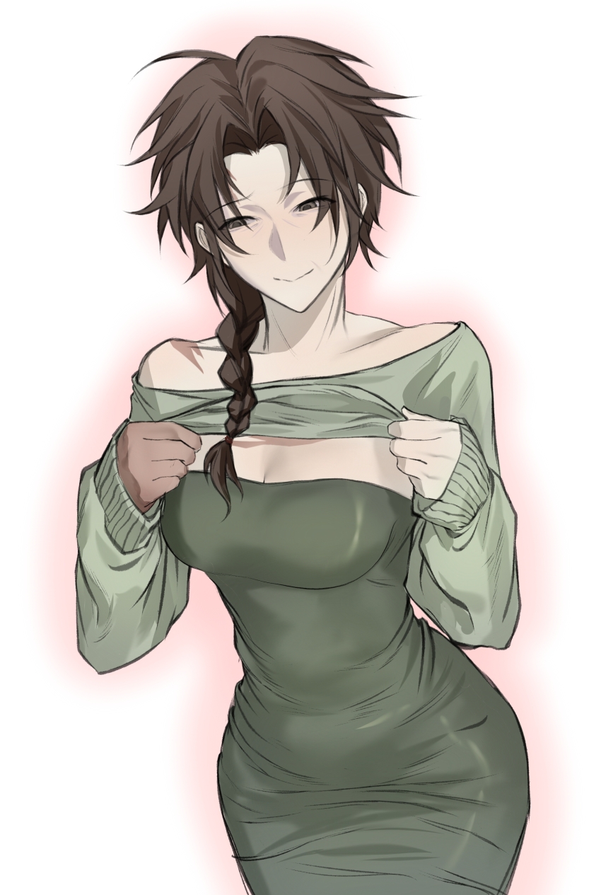 1girl 49neb absurdres breasts brown_eyes brown_hair chinese_commentary cleavage closed_mouth clothes_lift commentary_request cowboy_shot curtained_hair dress genderswap genderswap_(mtf) green_dress green_sweater harada_minoru highres large_breasts long_hair mature_female parted_bangs saibou_shinkyoku scar scar_on_hand scar_on_shoulder sleeves_past_wrists smile solo strapless strapless_dress sweater sweater_lift white_background