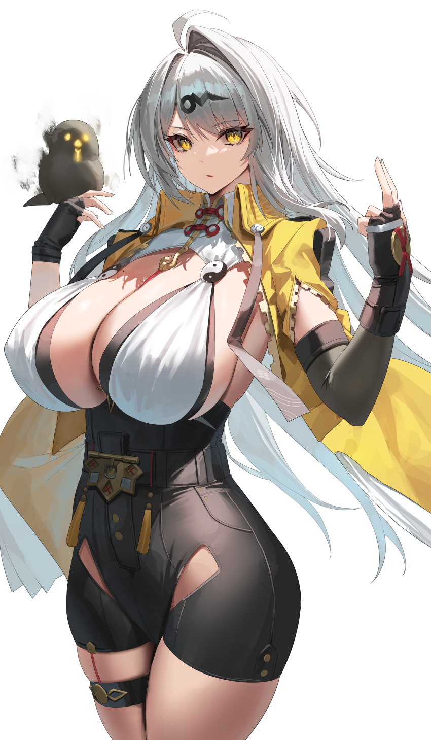 1girl absurdres ahoge bird black_gloves breasts cowboy_shot gloves grey_hair hands_up highres huge_breasts jacket large_breasts long_hair looking_at_viewer mole mole_on_breast parted_lips sideboob simple_background solo thigh_strap thighs white_background yamanokami_eaka yellow_eyes yellow_jacket yixuan_(zenless_zone_zero) zenless_zone_zero