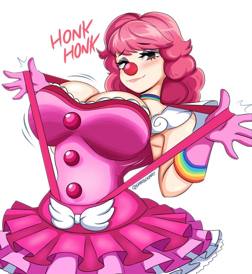 1girl absurdres ace_attorney armpits blush breasts choker cleavage clown_girl clown_nose darboo female_focus frilled_skirt frills geiru_toneido gloves highres large_breasts looking_at_viewer medium_hair pauldrons phoenix_wright:_ace_attorney_-_spirit_of_justice pink_hair rainbow shoulder_armor skirt solo suspenders suspenders_pull
