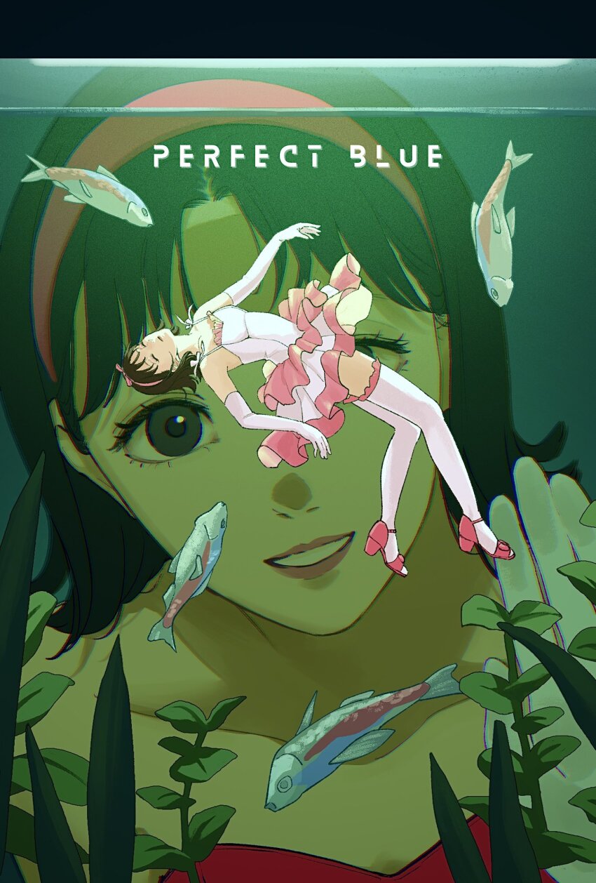 1girl against_glass aquarium bare_shoulders brown_hair closed_eyes copyright_name dress elbow_gloves film_grain fish frilled_thighhighs frills full_body gloves hairband hand_on_glass high_heel_sandals highres in_water kirigoe_mima layered_dress looking_at_self multiple_views neon_tetra parted_bangs perfect_blue pink_lips plant red_hairband sandals thighhighs two-tone_dress unconscious white_dress white_thighhighs yuiai