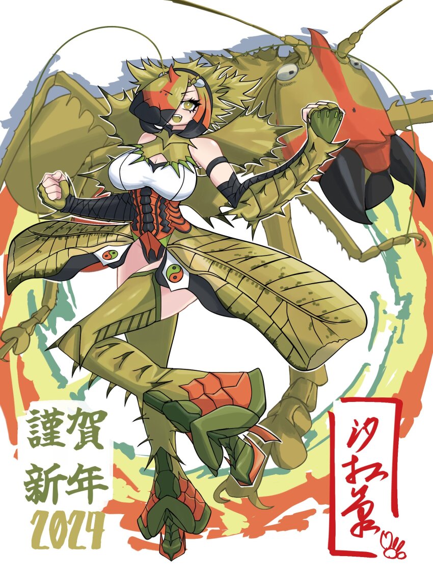 1girl 2024 7shiomaneki53 absurdres armpits arthropod_girl breasts character_request chinese_text cleavage copyright_request fang green_eyes hair_over_one_eye highres large_breasts mantis_girl new_year open_mouth praying_mantis simple_background solo thighhighs zettai_ryouiki