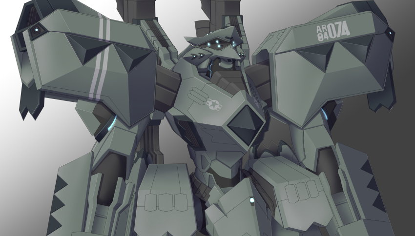 absurdres extra_eyes f-22a_raptor_(muv-luv) glowing glowing_eyes grey_background highres looking_up mecha muv-luv muv-luv_alternative no_humans robot science_fiction solo tactical_surface_fighter tome_itou