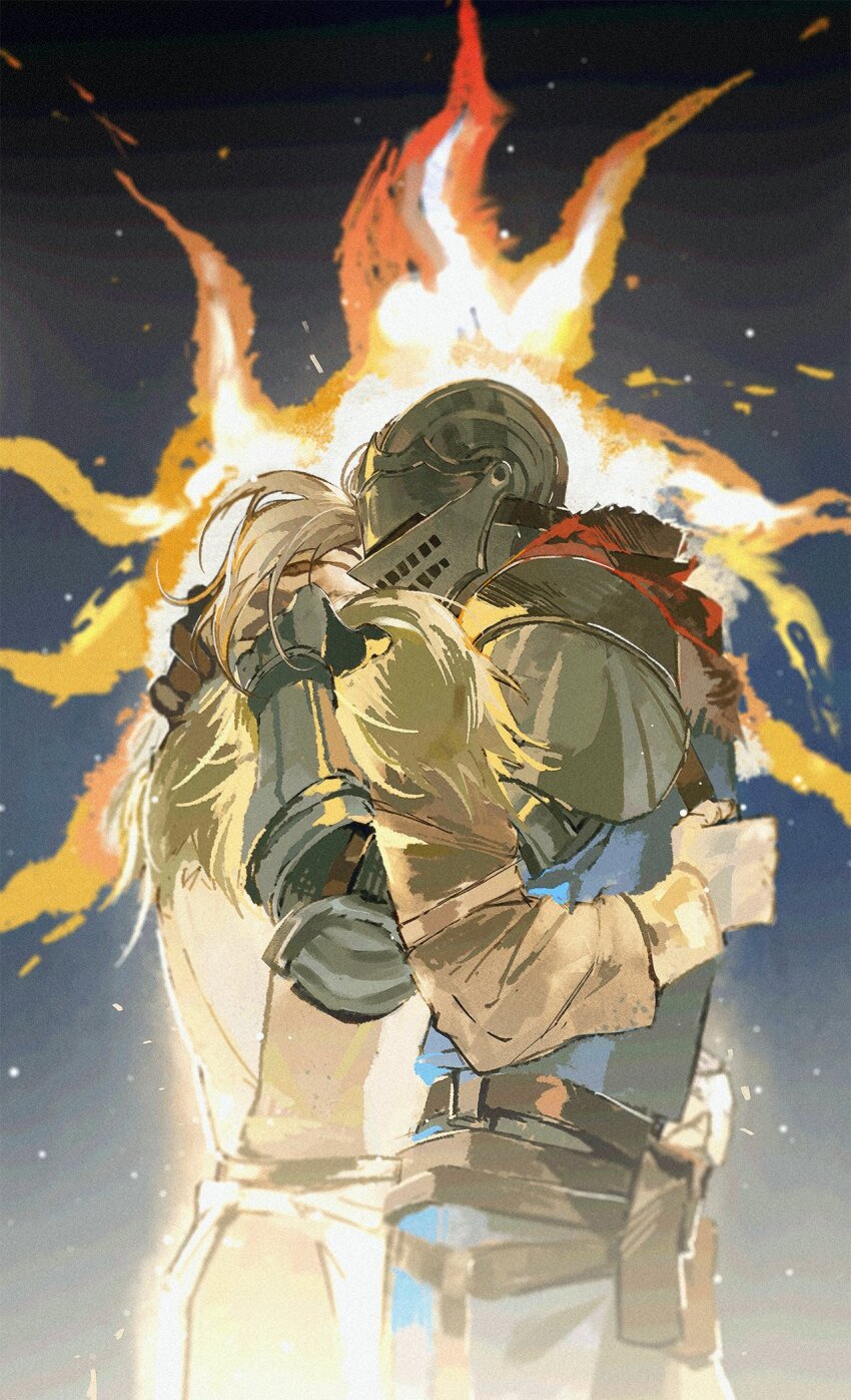 2boys armor belt black_belt blue_tabard chinese_commentary chosen_undead commentary_request cowboy_shot dark_souls_(series) dark_souls_i fire from_side helmet highres hug huixingweiqi long_sleeves male_focus multiple_belts multiple_boys mutual_hug pauldrons shoulder_armor solaire_of_astora tabard white_tabard