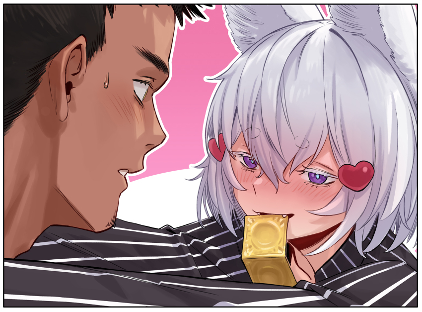 1boy 1girl agemmata animal_ear_fluff animal_ears blush brown_hair condom condom_in_mouth condom_wrapper fox_ears fox_girl hair_between_eyes hair_ornament heart heart_hair_ornament highres long_sleeves mouth_hold open_mouth phase_connect seductive_gaze seductive_smile smile tenma_maemi virtual_youtuber white_hair