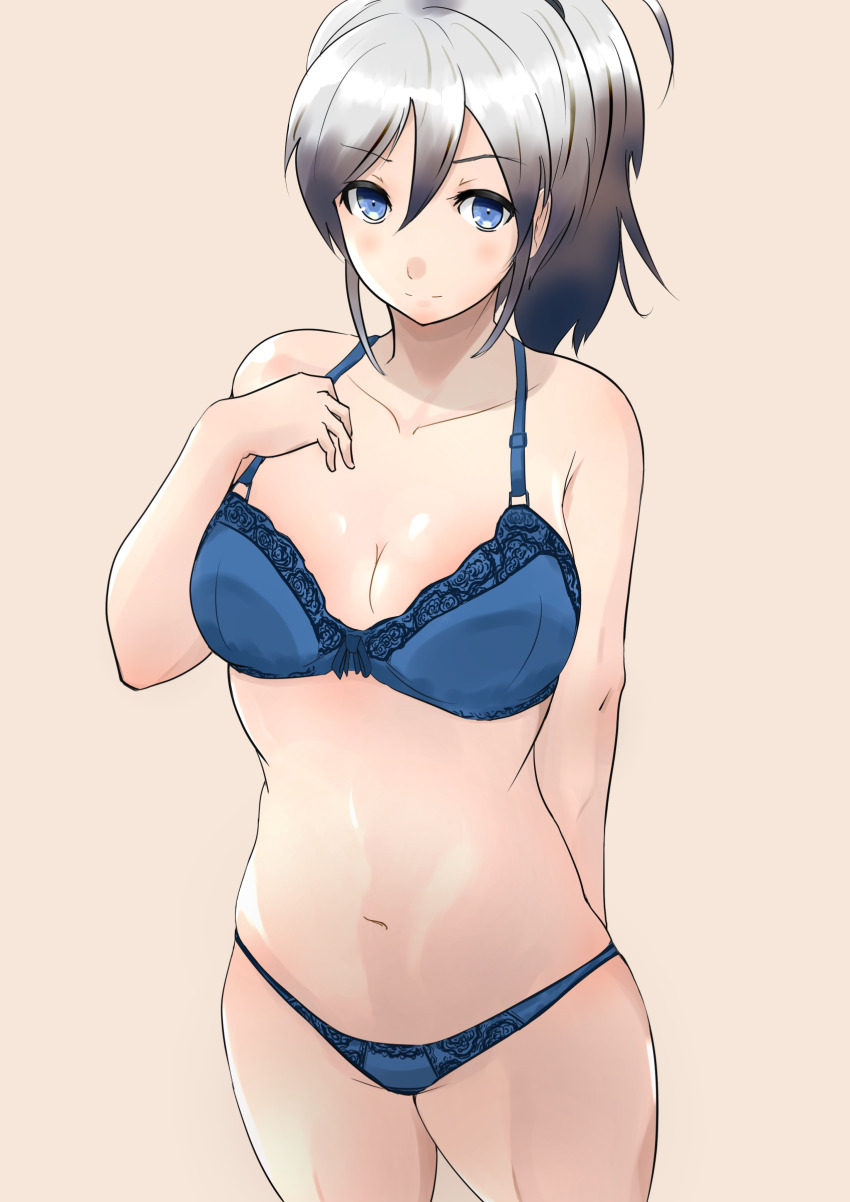 1girl absurdres blue_bra blue_eyes blue_panties bra breasts cleavage grey_hair highres higurashi_(kenju) long_hair looking_at_viewer medium_breasts melty_blood navel panties ponytail riesbyfe_stridberg simple_background skindentation smile tsukihime type-moon underwear underwear_only