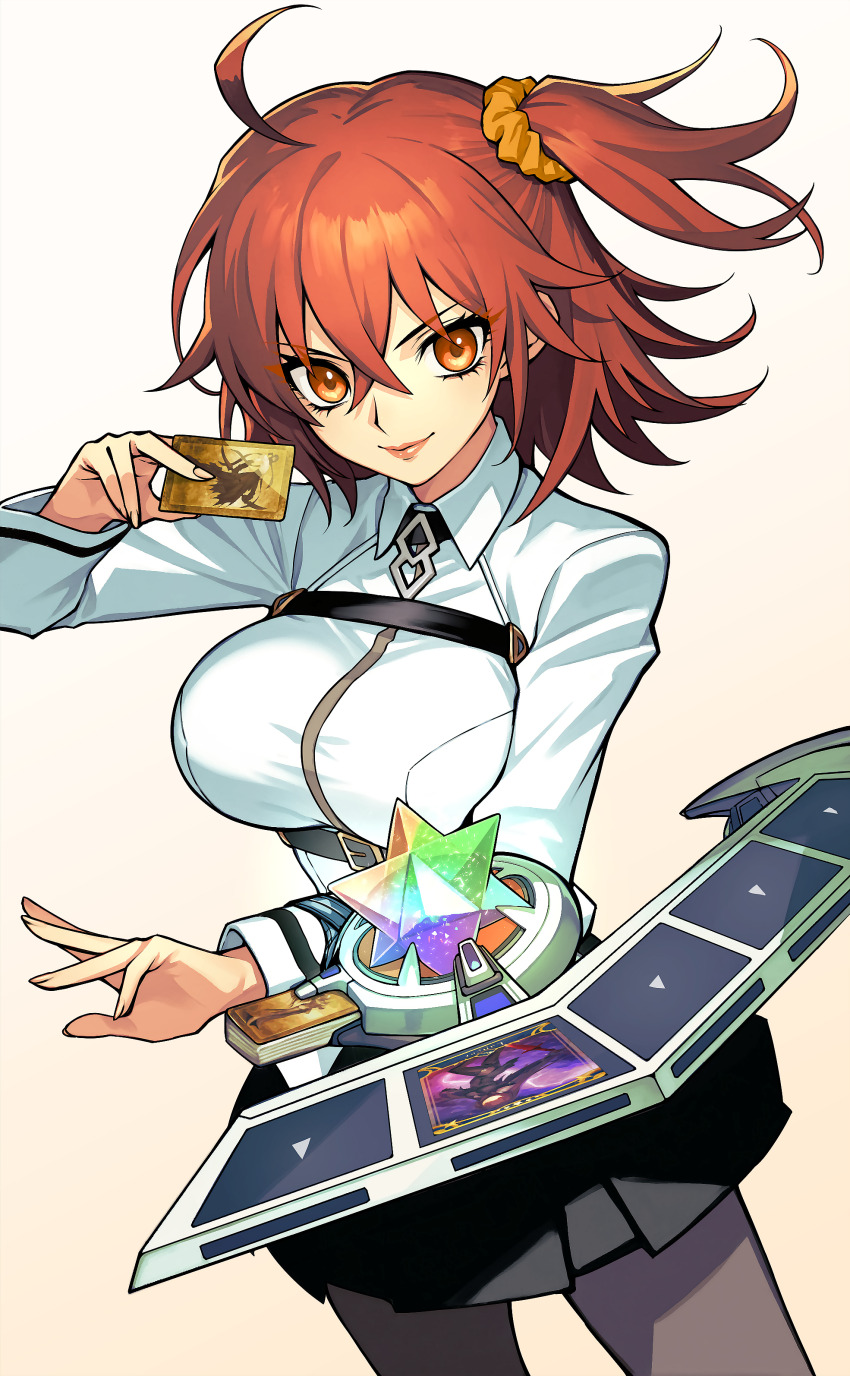 1girl absurdres ahoge black_pantyhose black_skirt breasts card chaldea_uniform class_card_(prisma_illya) command_spell duel_disk dynamitenatalia fate/grand_order fate_(series) fujimaru_ritsuka_(female) hair_between_eyes hair_ornament hair_scrunchie highres holding holding_card large_breasts long_sleeves looking_at_viewer miniskirt one_side_up orange_eyes orange_hair pantyhose pleated_skirt saint_quartz_(fate) scathach_(fate) scrunchie short_hair skirt smile solo yellow_scrunchie yu-gi-oh!