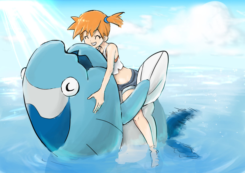 1girl arctovish asymmetrical_hair bare_shoulders blush closed_eyes denim denim_shorts gen_1_pokemon gen_8_pokemon gym_leader hair_tie highres hug legs looking_at_another misty_(pokemon) navel nintendo ocean orange_hair pokemon pokemon_lgpe ponytail shirt short_hair short_shorts shorts side_ponytail smile water white_shirt yassun_(rsaz8477)
