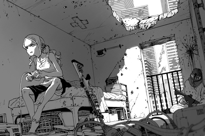 1girl 1other absurdres ambiguous_gender axe barefoot basket bed blanket blood blood_splatter book boots bottle box building bullet_hole cable cartridge chest_of_drawers controller corpse death destruction drawer frown game_console game_controller goggles greyscale gun headshot heater highres holding holding_controller holding_gun holding_weapon hole indoors industrial_pipe long_hair monochrome omao on_bed original ponytail radio railing rebar revision ruins shorts sidelocks sitting skyscraper smoke solo_focus spread_toes tank_top toes urban weapon