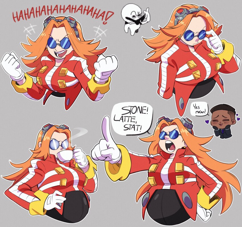 1boy 1girl absurdres agent_stone animal_ears blue-tinted_eyewear blue_eyes breasts coat dr._eggman eggma&#039;am facial_hair genderswap genderswap_(mtf) gloves goggles goggles_on_head grin highres long_hair long_sleeves mustache nikkikaji orange_hair red_coat round_eyewear smile sonic_(live_action) sonic_(series) sonic_the_hedgehog_(movie) sonic_the_hedgehog_(movie) sunglasses thighhighs tinted_eyewear white_gloves zipper_pull_tab