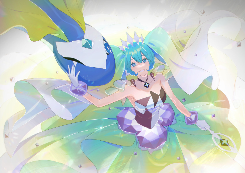 1girl 1other absurdres aqua_eyes aqua_hair aurorus bare_shoulders braid breasts collarbone dinosaur dress gen_6_pokemon gloves hatsune_miku highres holding holding_staff long_hair looking_at_another medium_breasts nintendo official_alternate_costume official_alternate_hairstyle ojing_oppa_(o_b_s_00) one_eye_closed open_mouth pokemon pokemon_(creature) princess_dress project_voltage rock_miku_(project_voltage) smile staff strapless strapless_dress veil vocaloid white_gloves white_veil