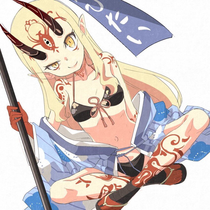1girl banner bikini black_bikini blonde_hair blue_kimono breasts clothes_down facial_mark fate/grand_order fate_(series) forehead_mark horns ibaraki_douji_(fate) ibaraki_douji_(fate/grand_order) ibaraki_douji_(swimsuit_lancer)_(fate) ibaraki_douji_(swimsuit_lancer)_(first_ascension)_(fate) indian_style japanese_clothes kimono long_hair looking_at_viewer mukai oni oni_horns pointy_ears sandals simple_background sitting small_breasts smile solo swimsuit white_background yellow_eyes zouri