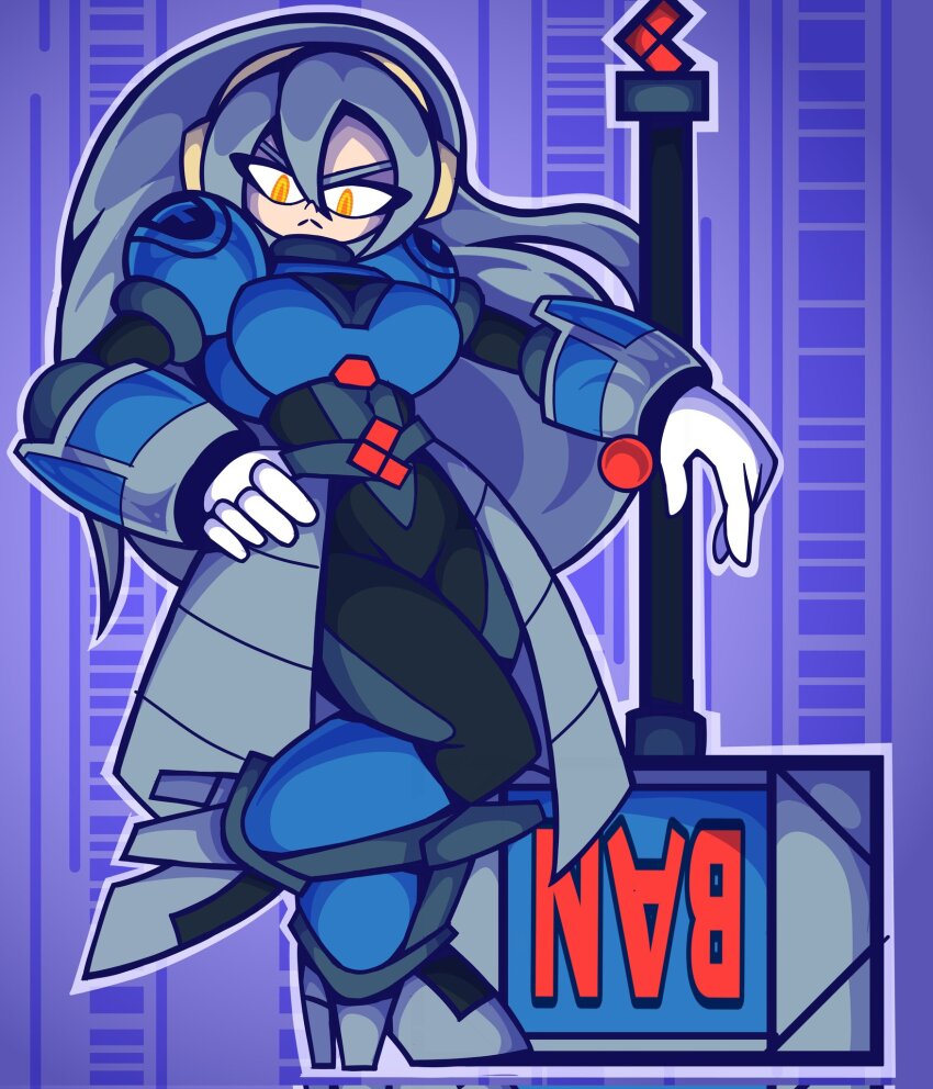 1girl :&lt; armor breasts dust_man emzaro02 female_focus genderswap genderswap_(mtf) grey_hair hair_between_eyes hammer hand_on_own_hip head_tilt high_heels highres large_breasts long_hair looking_at_viewer mega_man_(series) purple_background slit_pupils solo warhammer weapon yellow_eyes
