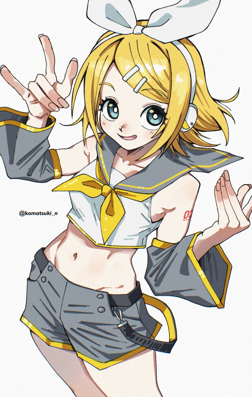 1girl absurdres bare_shoulders blonde_hair blue_eyes bow crop_top detached_sleeves hair_bow hair_ornament hairclip headphones highres kagamine_rin komatsuki_n looking_at_viewer midriff navel neckerchief number_tattoo sailor_collar shorts smile solo tattoo vocaloid white_background yellow_neckerchief