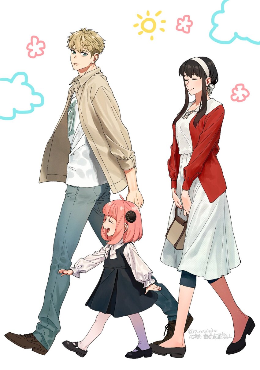 1boy 2girls ahoge anya_(spy_x_family) bag black_dress black_hair black_pants black_shoes blonde_hair blue_eyes breasts brown_jacket brown_shoes child closed_eyes closed_mouth denim dress earrings full_body hairband hairpods highres holding holding_bag jacket jeans jewelry long_dress long_hair mary_janes medium_breasts medium_hair multiple_girls open_mouth p_notninjin pants pink_hair print_shirt red_jacket shirt shirt_under_dress shoes short_hair sidelocks sleeves_rolled_up smile spy_x_family twilight_(spy_x_family) twitter_username updo walking white_background white_dress white_hairband white_shirt yor_briar