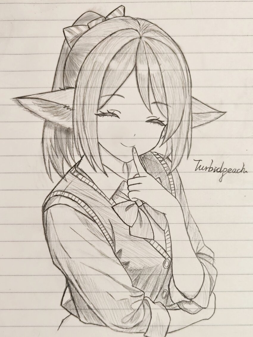 1girl animal_ears arknights artist_name blush bow breasts dress fox_ears fox_girl hair_bow highres long_sleeves material_growth oripathy_lesion_(arknights) perfumer_(arknights) ponytail smile solo striped_bow traditional_media turbidpeachzz