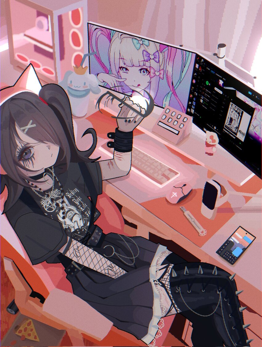 1girl ame-chan_(needy_girl_overdose) animal_ear_headphones animal_ears at_computer belt between_legs black_belt black_choker black_eyeliner black_hair black_nails black_shirt black_skirt blonde_hair blue_bow blue_eyes blue_hair bow cat_ear_headphones cellphone chain chair choker chouzetsusaikawa_tenshi-chan computer computer_keyboard computer_mouse computer_tower cuffs cup curtains desk emo_fashion eyelashes eyeliner fake_animal_ears fishnet_gloves fishnet_thighhighs fishnets food fuwa_fuwa_cinnamoroll gaming_chair gloves goth_fashion hair_bow hair_ornament hair_over_one_eye hairclip hand_between_legs headphones hello_kitty highres indoors irreligiositat jewelry long_hair long_sleeves looking_at_viewer looking_back makeup manii_(band) monitor multicolored_hair multiple_hair_bows mutiilation_(band) nail_polish necklace needy_girl_overdose office_chair phone pink_bow pink_hair pizza pleated_skirt quad_tails razor razor_blade sanrio scar self-harm_scar shirt short_sleeves sitting skirt smartphone smile solo spikes stylus swivel_chair thighhighs twintails x_hair_ornament