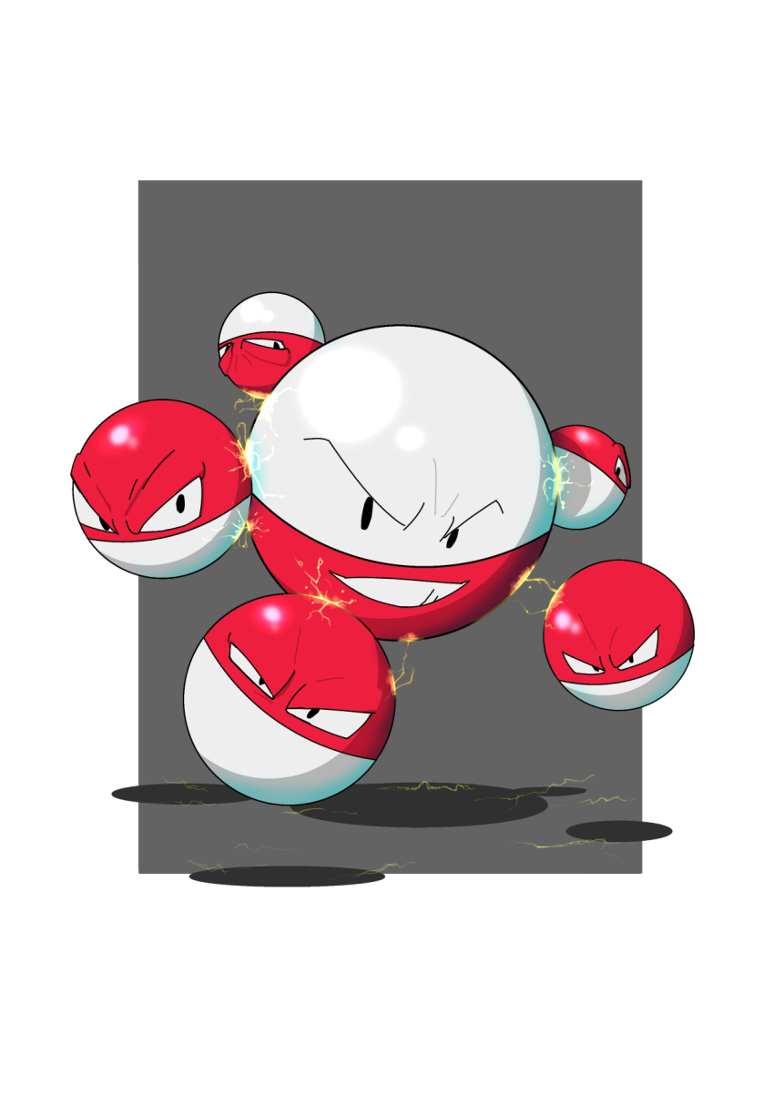black_eyes commentary_request electricity electrode_(pokemon) evolutionary_line furrowed_brow gen_1_pokemon grin half-closed_eye highres magnet_rise_(pokemon) nintendo no_humans peluchi626 pokemon pokemon_(creature) pokemon_focus smile solid_oval_eyes teeth voltorb