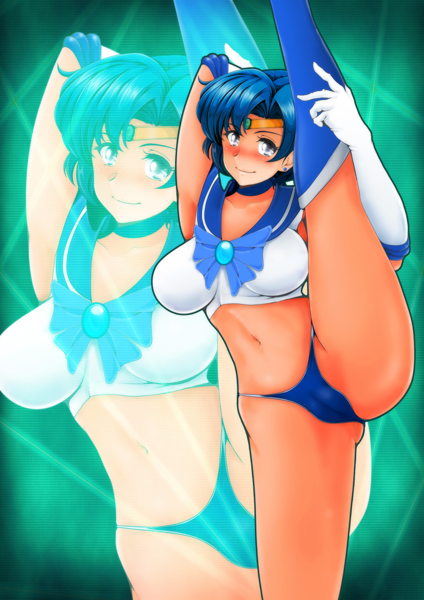 1girl absurdres bikini bishoujo_senshi_sailor_moon blue_bikini blue_eyes blue_hair blue_neckwear blue_thighhighs blush boots breasts cameltoe choker closed_mouth elbow_gloves gloves highres hisakawa_aya kanemoto_hisako kate_higgins large_breasts leg_up looking_at_viewer mizuno_ami nanashi_noiji navel sailor_mercury short_hair smile solo split standing standing_on_one_leg standing_split swimsuit thigh_boots thighhighs tiara voice_actor_connection white_gloves