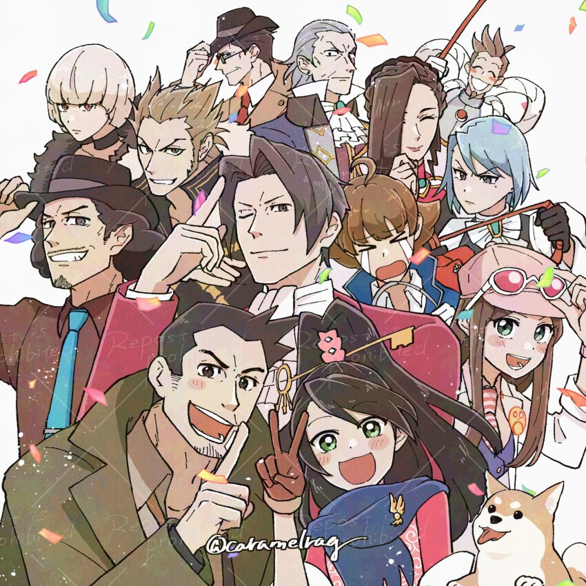 &gt;_&lt; 5girls 6+boys ace_attorney ace_attorney_investigations ace_attorney_investigations_2:_prosecutor&#039;s_gambit adjusting_clothes adjusting_headwear ascot black-framed_eyewear black_choker black_hair black_hat blue_gemstone blue_jacket blue_necktie blue_scarf blush_stickers brown_eyes brown_gloves brown_hair brown_jacket brown_shirt cabbie_hat caramelrag choker closed_eyes coat collared_shirt confetti dick_gumshoe dog ema_skye facial_hair feather_boa fedora franziska_von_karma gem glasses gloves goggles goggles_on_headwear green_coat green_eyes gregory_edgeworth grey_hair hair_over_one_eye hat high_ponytail highres holding_baton ichiyanagi_yumihiko jacket kay_faraday key key_hair_ornament lab_coat larry_butz long_hair manfred_von_karma mikagami_hakari miles_edgeworth missile_(ace_attorney) mole mole_under_eye multiple_boys multiple_girls necktie old old_man one_eye_closed pink_hat ponytail puffy_sleeves purple_vest red_jacket red_necktie scarf school_uniform shi-long_lang shigaraki_tateyuki shih-na shirt short_hair smile striped_necktie themis_legal_academy_school_uniform twitter_username v vest white_ascot white_coat white_hair white_necktie white_shirt