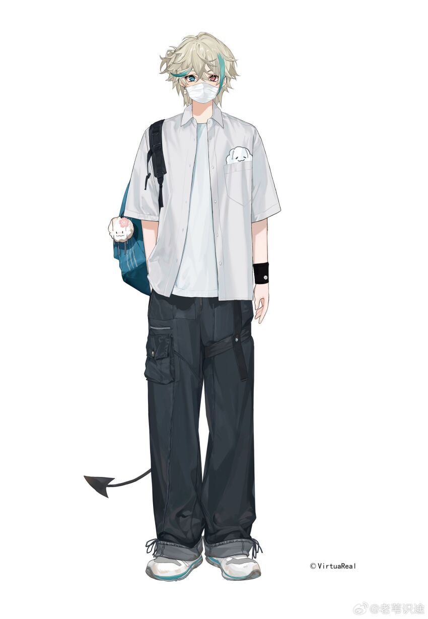 1boy absurdres aza_(virtuareal) backpack bag blonde_hair blue_eyes blue_hair collared_shirt copyright_notice demon_tail full_body heterochromia highres laowei_shi_tu looking_at_viewer male_focus mask mouth_mask multicolored_hair nijisanji open_clothes open_shirt pink_eyes shirt shoes sneakers solo standing streaked_hair tail virtuareal watermark weibo_username weibo_watermark white_undershirt