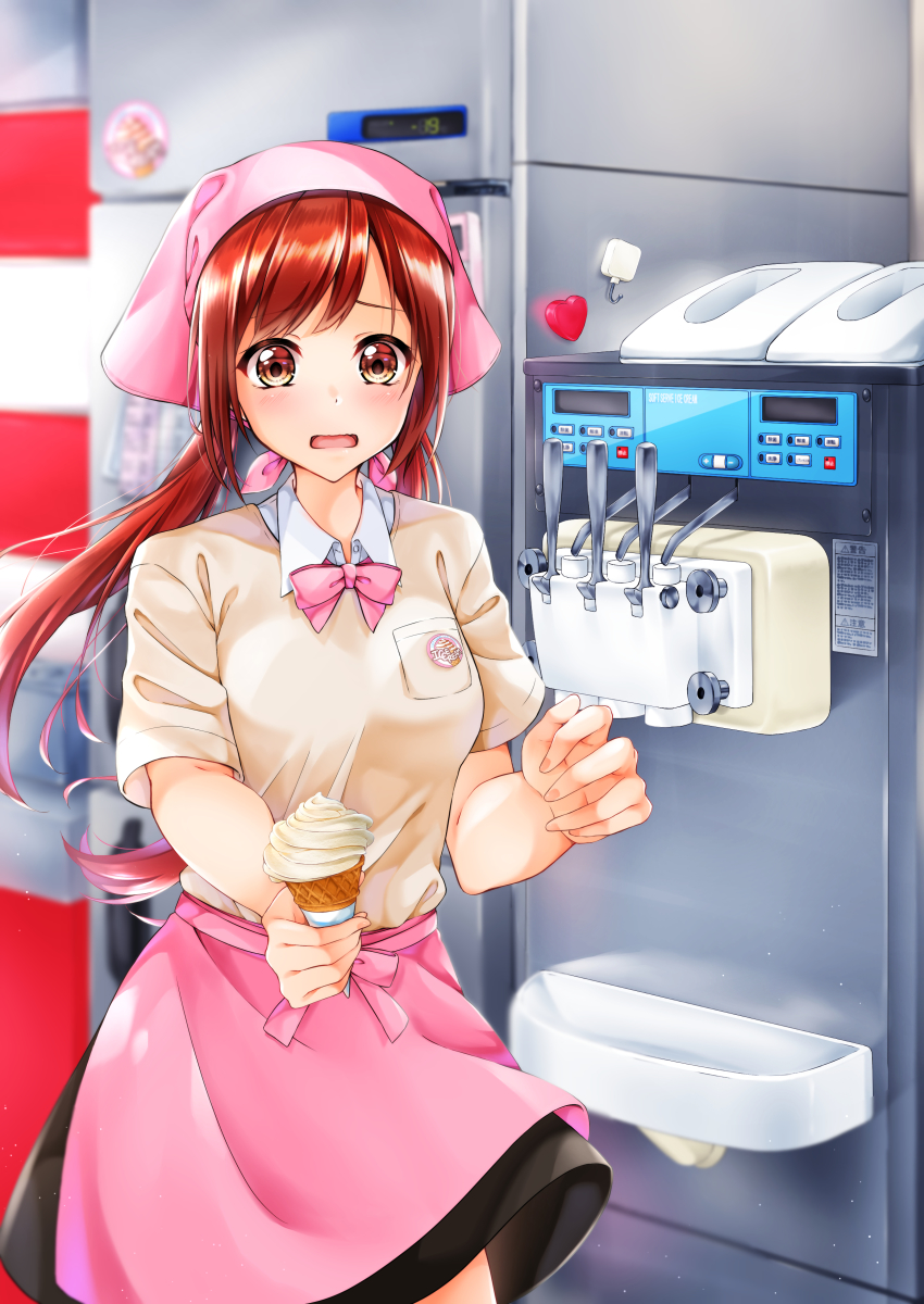 1girl absurdres bad_anatomy bad_hands black_skirt blush bow breasts brown_eyes brown_hair food heart highres ice_cream ice_cream_cone indoors long_hair looking_at_viewer low_twintails magnet medium_breasts mini_dang01 original parted_bangs pink_bow pink_headwear pocket refrigerator_magnet revision skirt soft_serve solo standing twintails
