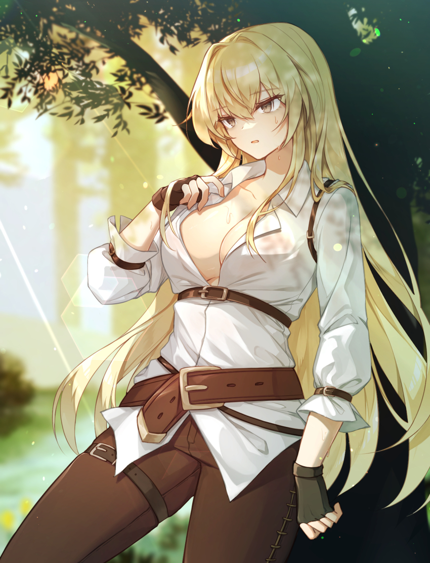 04_(nb04_0_0) 1girl belt black_gloves blonde_hair blurry blurry_background breasts brown_belt brown_eyes brown_pants chest_harness cleavage collared_shirt commission cowboy_shot dappled_sunlight day facing_viewer fingerless_gloves gloves hair_between_eyes hand_in_own_hair hand_up harness highres hot large_breasts light_particles light_rays long_hair long_sleeves looking_down no_bra open_mouth original outdoors pants partially_unbuttoned shirt solo sunlight sweat thigh_belt thigh_strap tree very_long_hair white_shirt