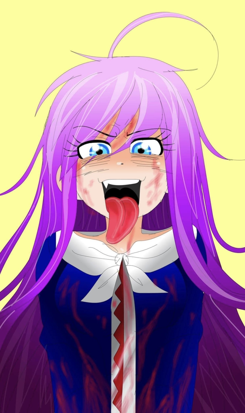 blood blood_on_clothes blood_on_face blue_eyes fang hero highres long_tongue non-web_source original purple_hair samurai school_uniform sword tongue tongue_out weapon