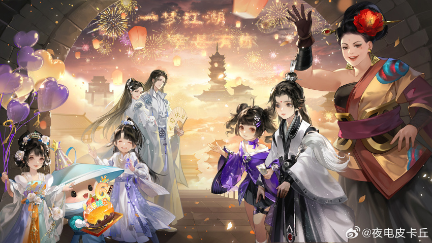 2boys 5girls ^_^ aerial_fireworks animal aqua_hanfu arch architecture balloon big_hair black_dress black_gloves black_hair black_skirt blunt_bangs bow bow_choker bowtie bracer breasts bridge brooch brown_eyes brown_hair camellia castle character_request child chinese_clothes chinese_hairpin chinese_new_year choker closed_eyes closed_mouth couple double_bun dress earrings east_asian_architecture expressionless facial_mark family feet_out_of_frame fireworks flower folding_fan forehead forehead_mark gloves gold_earrings hair_bun hair_flower hair_ornament hairclip hand_fan hand_on_own_hip hanfu heart_balloon hetero high_ponytail highres holding holding_animal holding_balloon holding_fan holding_rabbit jewelry knees lantern light_particles lipstick makeup medium_breasts miniskirt mole mole_under_eye multiple_boys multiple_girls open_mouth outdoors paper_lantern parted_bangs petals pink_lips pleated_skirt plump ponytail purple_bow purple_bowtie purple_choker purple_dress rabbit red_flower red_lips rose short_dress short_hair short_twintails single_bare_shoulder single_glove skirt small_breasts smile standing straight_hair strapless strapless_dress teeth thick_eyebrows thigh_strap topknot town triangle_earrings twilight twintails updo upper_teeth_only watermark wavy_hair weibo_watermark white_flower white_hanfu white_rose ye_dian_pikaqiu yi_meng_jianghu