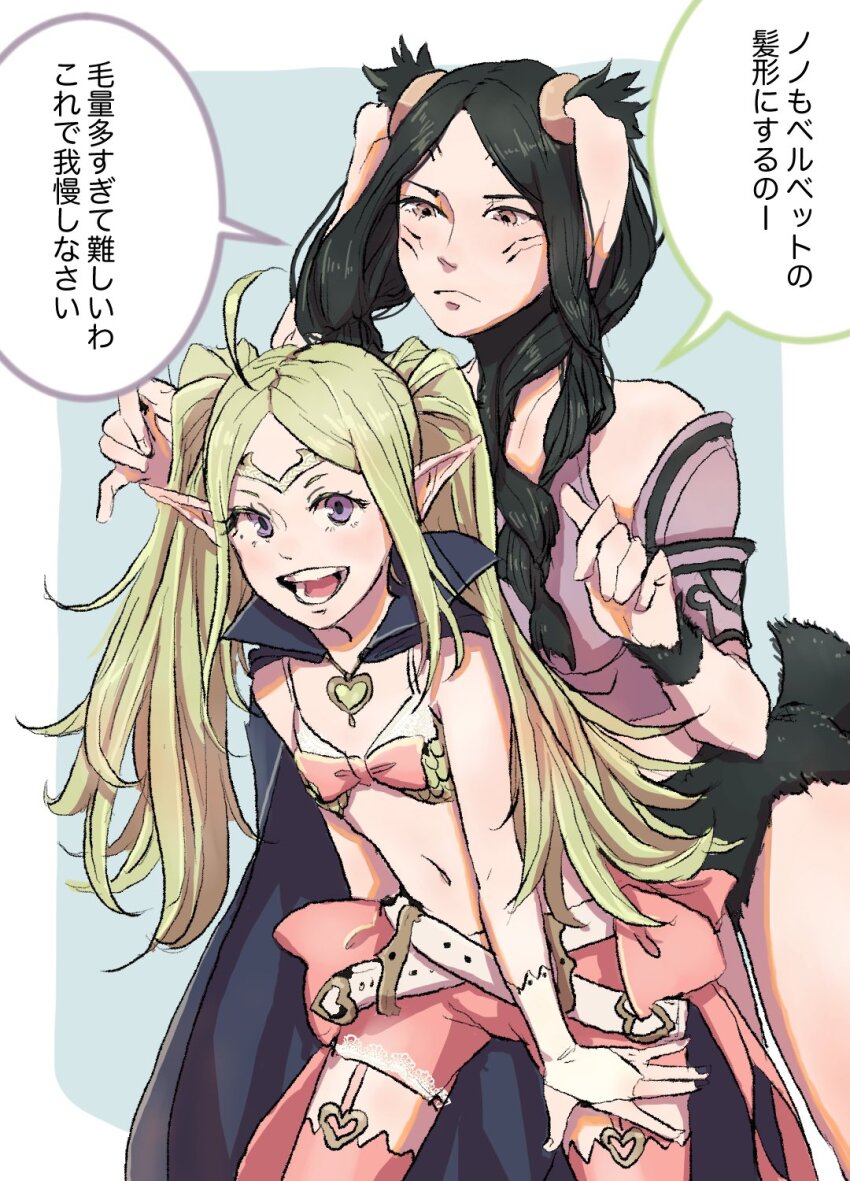2girls alternate_hairstyle animal_ears armor braid brown_fur brushing_hair cape circlet facial_mark fire_emblem fire_emblem_awakening green_hair hair_around_ear heart_pendant highres himonozato multiple_girls nintendo nowi_(fire_emblem) panne_(fire_emblem) pink_thighhighs pointy_ears purple_armor purple_eyes rabbit_ears rabbit_girl speech_bubble taguel thighhighs translation_request twin_braids twintails