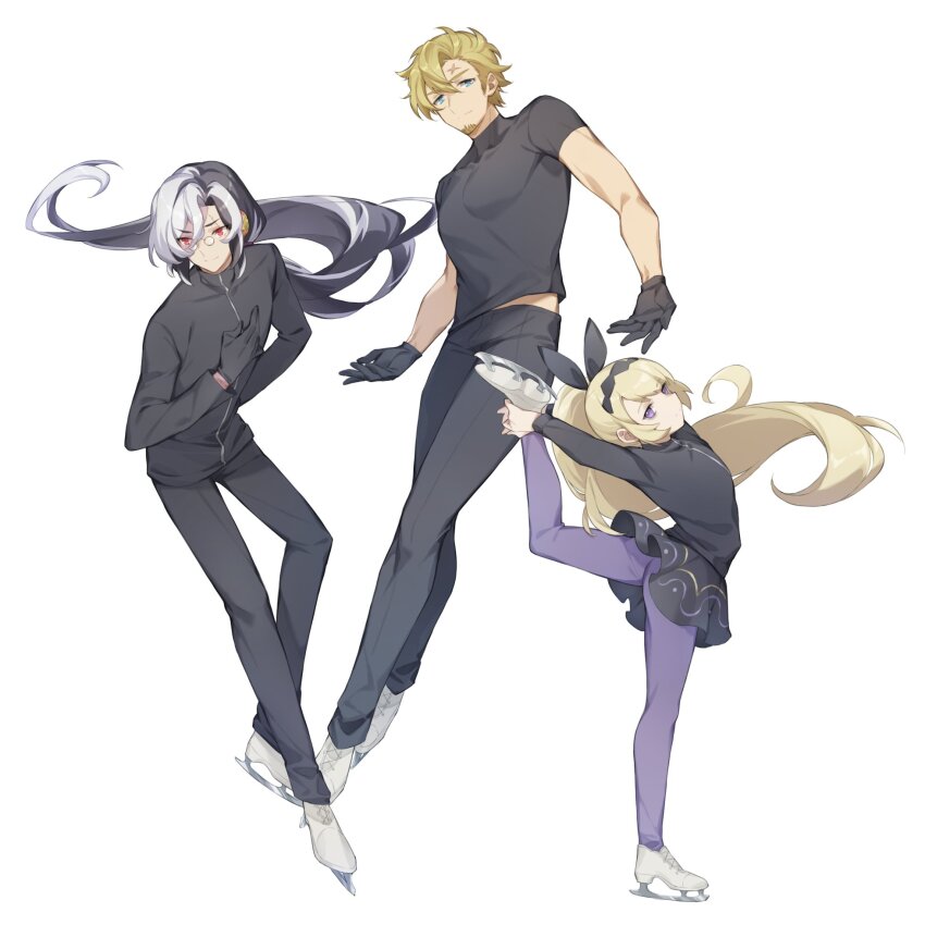 1girl 2boys alternate_costume alternate_hairstyle beard_stubble black_gloves black_hair black_hairband black_pants black_shirt black_skirt blue_eyes closed_mouth curran_(dragalia_lost) dragalia_lost dragalinuka facial_hair full_body glasses gloves grey_hair hairband heinwald_(dragalia_lost) highres ice_skates lathna long_hair long_sleeves multicolored_hair multiple_boys pants pantyhose ponytail purple_eyes purple_pantyhose red_eyes shirt short_hair skates skirt split stubble two-tone_hair very_long_hair white_background
