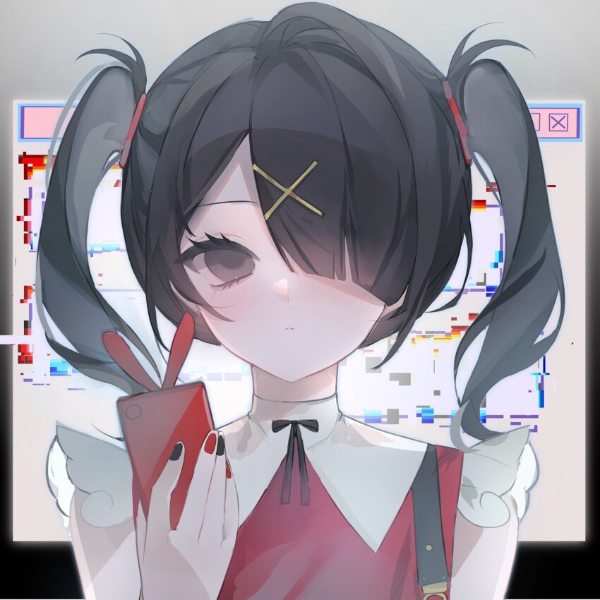 1girl ame-chan_(needy_girl_overdose) black_eyes border distortion glitch gradient_border hair_ornament hair_over_one_eye highres holding holding_phone multicolored_nails neck_ribbon needy_girl_overdose outside_border phone ribbon short_twintails solo suspenders twintails upper_body window_(computing) winged_sleeves x_hair_ornament yuyu_3