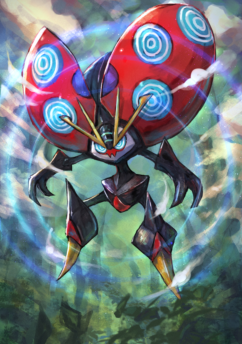 absurdres aqua_eyes claws commentary_request day flying full_body gen_8_pokemon highres nintendo no_humans orbeetle outdoors pokemon pokemon_(creature) pokemon_focus ringed_eyes sabamiso_taro solo