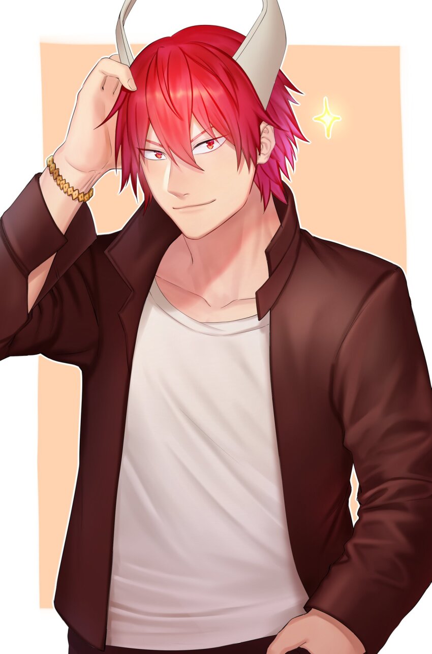 1boy brown_jacket closed_mouth hair_between_eyes highres horns jacket long_sleeves male_focus original red_eyes red_hair shirt short_hair smile solo white_shirt zhineart
