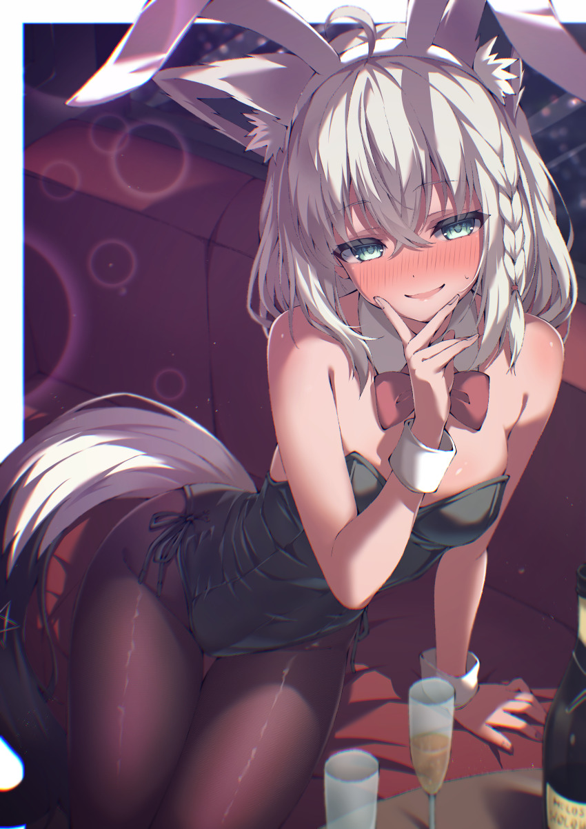1girl absent absurdres ahoge alcohol animal_ear_fluff animal_ear_hairband animal_ears aqua_eyes arm_support bare_arms bare_shoulders black_leotard black_tail blush bow bowtie braid breasts champagne champagne_flute collar commentary covered_navel cowboy_shot crossed_bangs cup detached_collar double-parted_bangs drinking_glass fake_animal_ears finger_to_own_chin fox_ears fox_girl fox_tail gradient_tail green_eyes hair_between_eyes hairband highleg highleg_leotard highres hololive indoors leotard long_hair looking_at_viewer medium_breasts nose_blush open_mouth pantyhose pentagram playboy_bunny rabbit_ear_hairband rabbit_ears red_bow red_bowtie shirakami_fubuki side-tie_leotard side_braid sidelocks single_braid smile solo strapless strapless_leotard tail virtual_youtuber white_collar white_hair white_tail white_wrist_cuffs wrist_cuffs