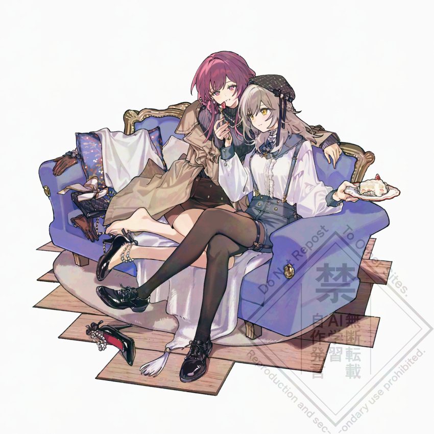 2girls black_pantyhose black_sweater cake coat couch crossed_legs denim denim_shorts food full_body gloves high_heels highres honkai:_star_rail honkai_(series) kafka_(honkai:_star_rail) loafers long_hair long_sleeves multiple_girls on_couch open_clothes open_coat pantyhose parted_lips purple_eyes purple_hair rizu033 second-party_source shirt shoes shorts simple_background sitting skirt smile stelle_(honkai:_star_rail) sweater trailblazer_(honkai:_star_rail) turtleneck turtleneck_sweater unworn_gloves white_background white_shirt