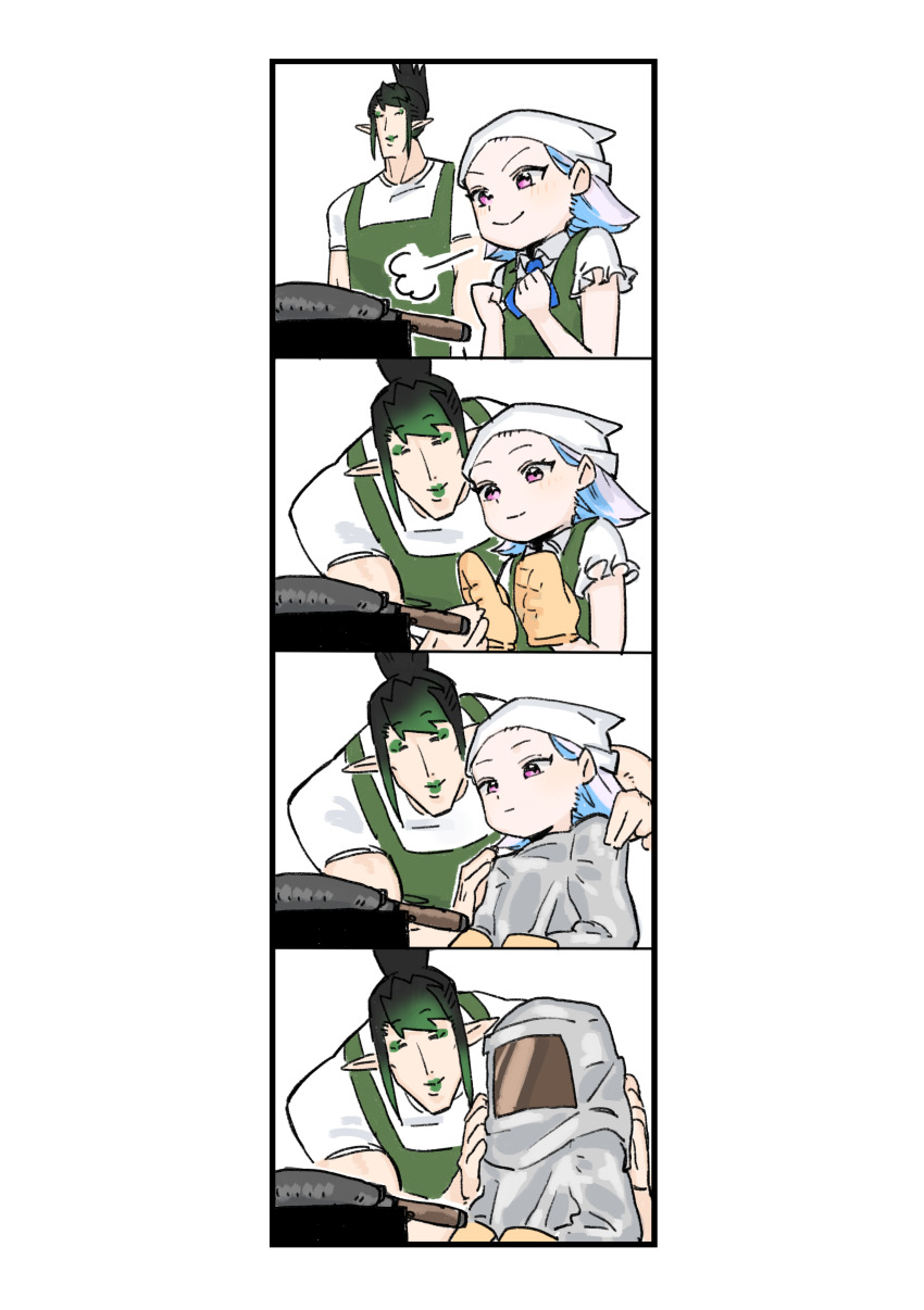 1boy 1girl absurdres apron bandana black_hair blue_hair eyeshadow frying_pan gloves green_hair green_lips hanabatake_chaika hazmat_suit highres lipstick lize_helesta makeup multicolored_hair nijisanji two-tone_hair virtual_youtuber white_hair yamanno_(yumekn11y10)