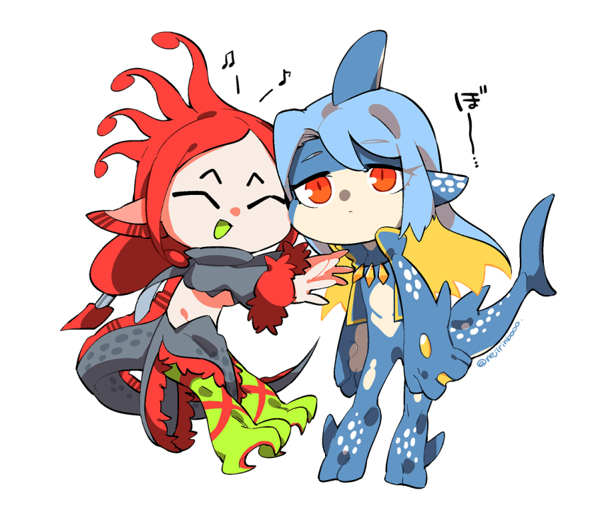 2girls blonde_hair blue_hair blue_skin chibi colored_inner_hair colored_skin commentary_request crop_top fins fish fish_girl fish_tail full_body head_fins long_hair monster_girl multicolored_hair multiple_girls neji_(ultramarinesunset) oarfish orange_eyes original oversized_forearms oversized_limbs red_hair shark_girl shark_tail simple_background skirt slit_pupils tail translation_request webbed_hands white_background
