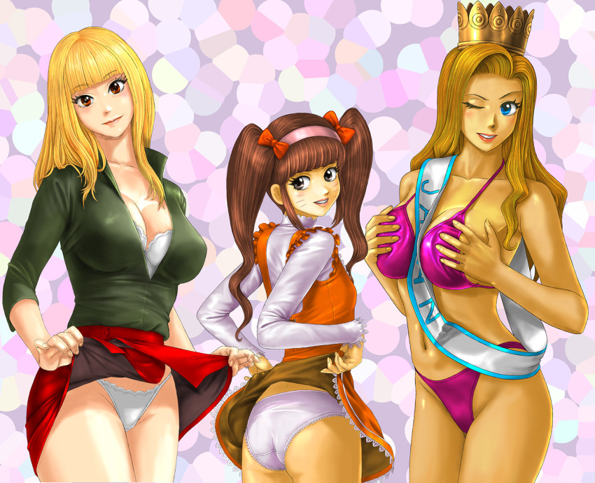 10s 3girls ;) ass between_breasts bikini black_shirt blonde_hair blunt_bangs bow bra breasts breasts_squeezed_together brown_eyes brown_hair chibimi cleavage clothes_lift commentary_request cowboy_shot crotch_seam crown dark-skinned_female dark_skin dayoon dress dress_lift facial_mark from_behind genderswap genderswap_(mtf) hair_bow hairband highres iyayo lace lace-trimmed_dress lace-trimmed_panties lace_trim large_breasts light_smile long_hair long_sleeves looking_at_viewer looking_back miniskirt multicolored_background multiple_girls navel one_eye_closed osomatsu-san osomatsu_(series) panties pink_hairband purple_bikini red_bow red_dress red_eyes red_skirt sash shirt skirt skirt_lift smile string_panties swimsuit toten_(der_fuhrer) twintails underwear whisker_markings white_bra white_panties white_shirt