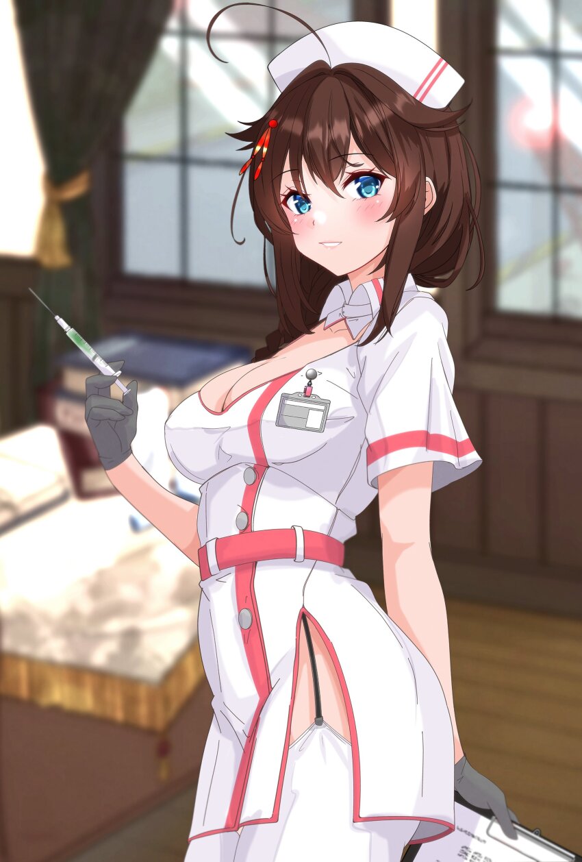 1girl absurdres ahoge alternate_costume bed blue_eyes braid breasts brown_hair cleavage clipboard dress garter_straps gloves grey_gloves hair_flaps hair_over_shoulder hat highres indoors kantai_collection long_hair looking_at_viewer medium_breasts nitamako_(sakamalh) nurse nurse_cap shigure_(kancolle) shigure_kai_san_(kancolle) single_braid solo syringe thighhighs white_dress white_thighhighs window