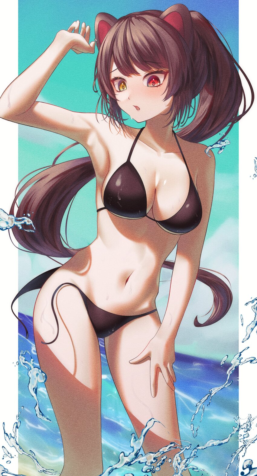 1girl absurdres alternate_costume animal_ears arm_up armpits bare_arms bikini bikini_day black_bikini black_hair breasts collarbone commentary_request dog_ears dog_girl feet_out_of_frame hand_on_own_thigh heterochromia highres horizon inui_toko kitsutsuki_tsuki long_hair looking_down medium_breasts navel nijisanji no_tail ocean open_clothes open_mouth ponytail red_eyes revision solo splashing standing stomach swept_bangs swimsuit untied_bikini very_long_hair virtual_youtuber wading wardrobe_malfunction water yellow_eyes
