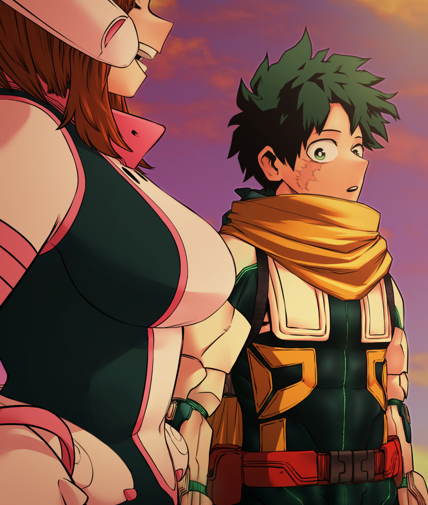 1boy 1girl absurdres amano44 black_bodysuit bodysuit boku_no_hero_academia breasts brown_hair evening green_eyes green_hair green_jumpsuit highres jumpsuit large_breasts looking_at_breasts midoriya_izuku multicolored_bodysuit outdoors pink_bodysuit purple_skirt scar scar_on_face scarf skirt uraraka_ochako yellow_scarf